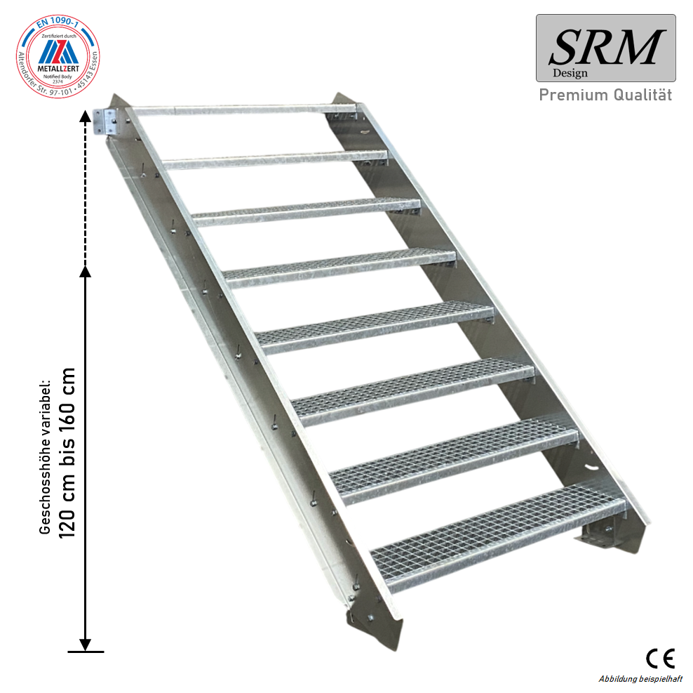 8 Stufen Stahltreppe Breite 60 - 160 cm Geschosshöhe 120 - 160 cm ohne Geländer