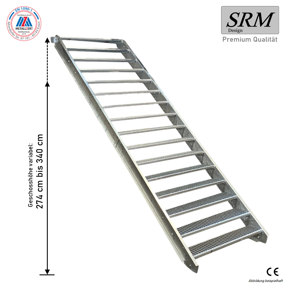 16 Stufen Stahltreppe Breite 60 - 160 cm Geschosshöhe 274 - 340 cm ohne Geländer