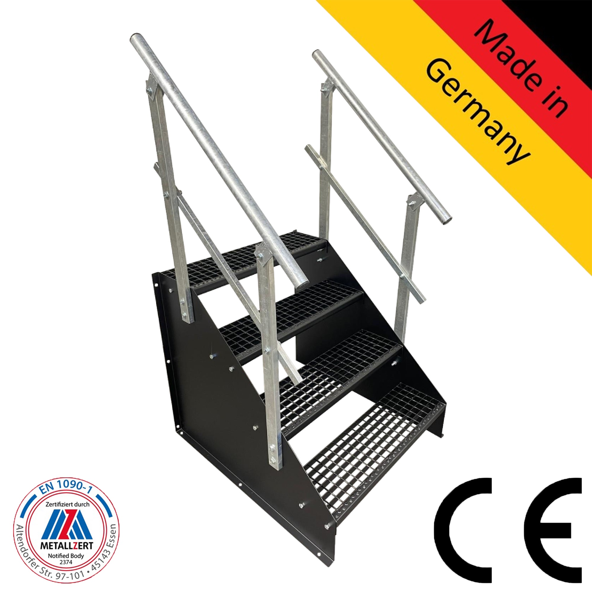 4 Stufen Standtreppe Breite 60 - 160 cm Höhe 84 cm komplett schwarz 2x Geländer 4 Stufen Standtreppe Breite 60 - 160 cm Höhe 84 cm komplett schwarz 2x Geländer