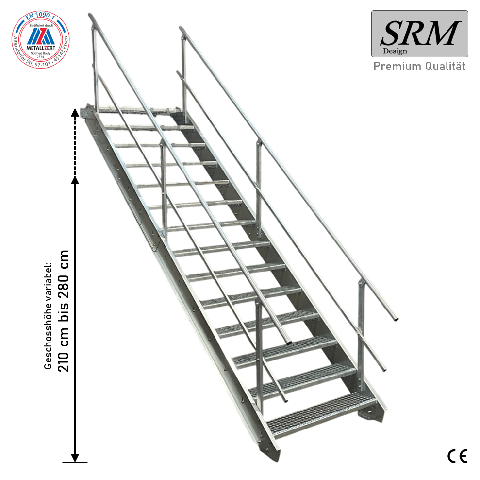 14 Stufen Stahltreppe Breite 60-160cm Geschosshöhe 210-280cm Geländer beidseitig