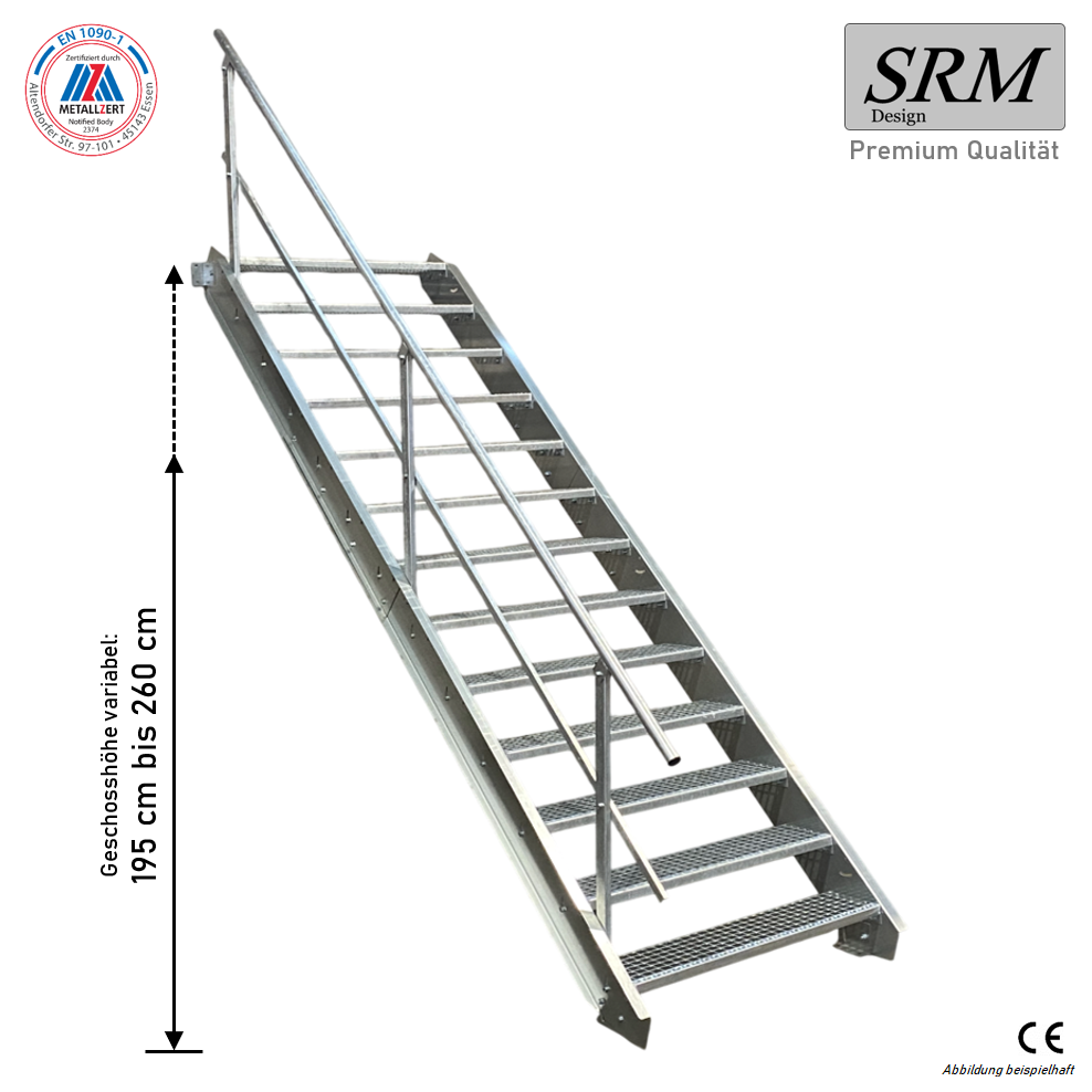 13 Stufen Stahltreppe Breite 60-160cm Geschosshöhe 195-260cm Geländer einseitig