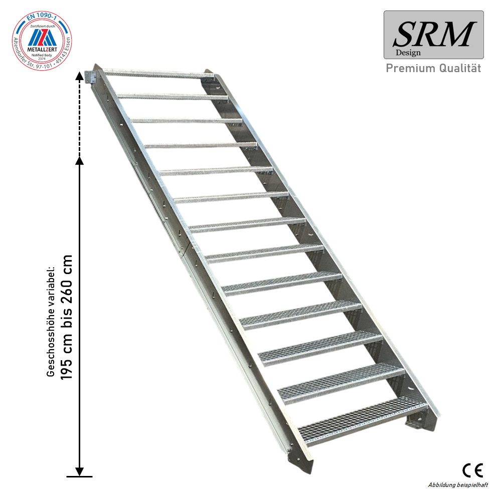 13 Stufen Stahltreppe Breite 60 - 160 cm Geschosshöhe 195 - 260 cm ohne Geländer