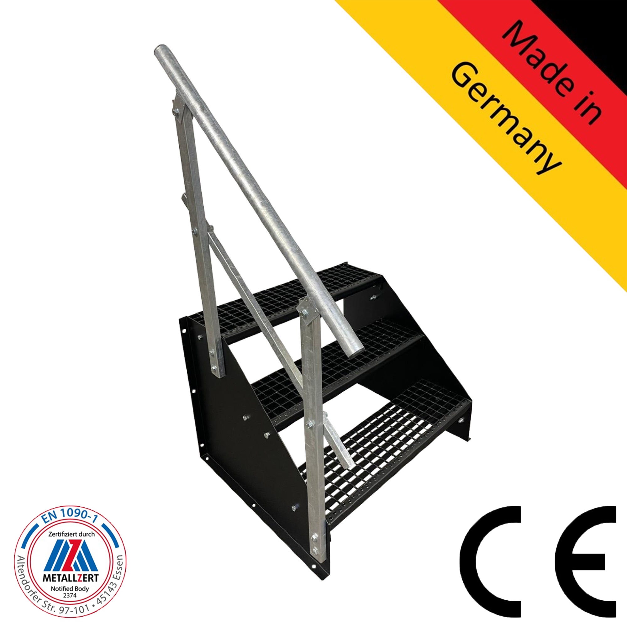 3 Stufen Standtreppe Breite 60 - 160 cm Höhe 63 cm komplett schwarz 1x Geländer 3 Stufen Standtreppe Breite 60 - 160 cm Höhe 63 cm komplett schwarz 1x Geländer