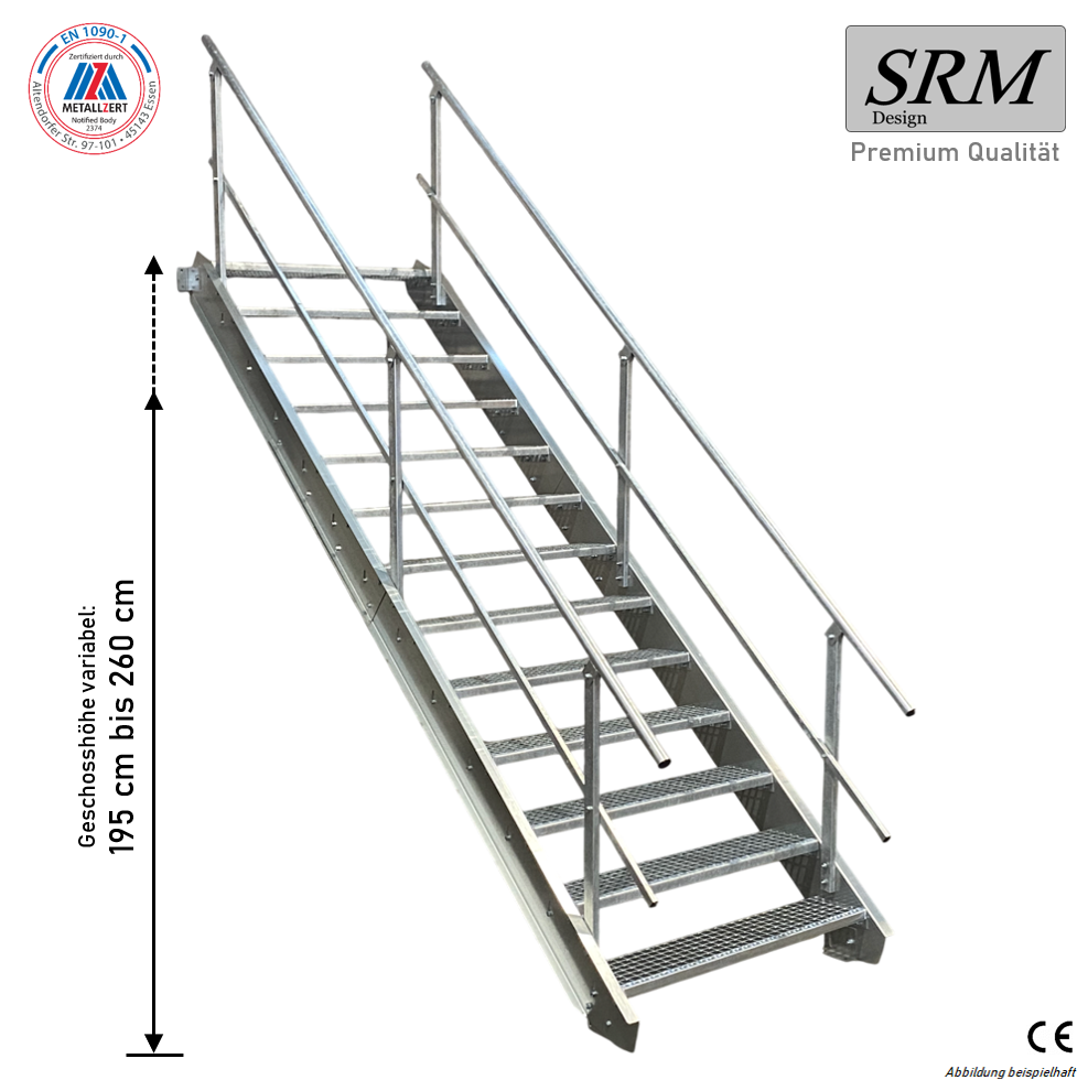 13 Stufen Stahltreppe Breite 60-160cm Geschosshöhe 195-260cm Geländer beidseitig