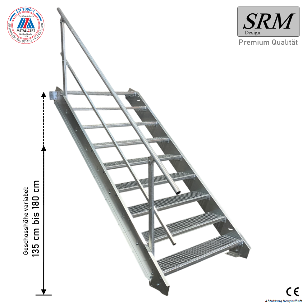 9 Stufen Stahltreppe Breite 60-160cm Geschosshöhe 135-180cm Geländer einseitig