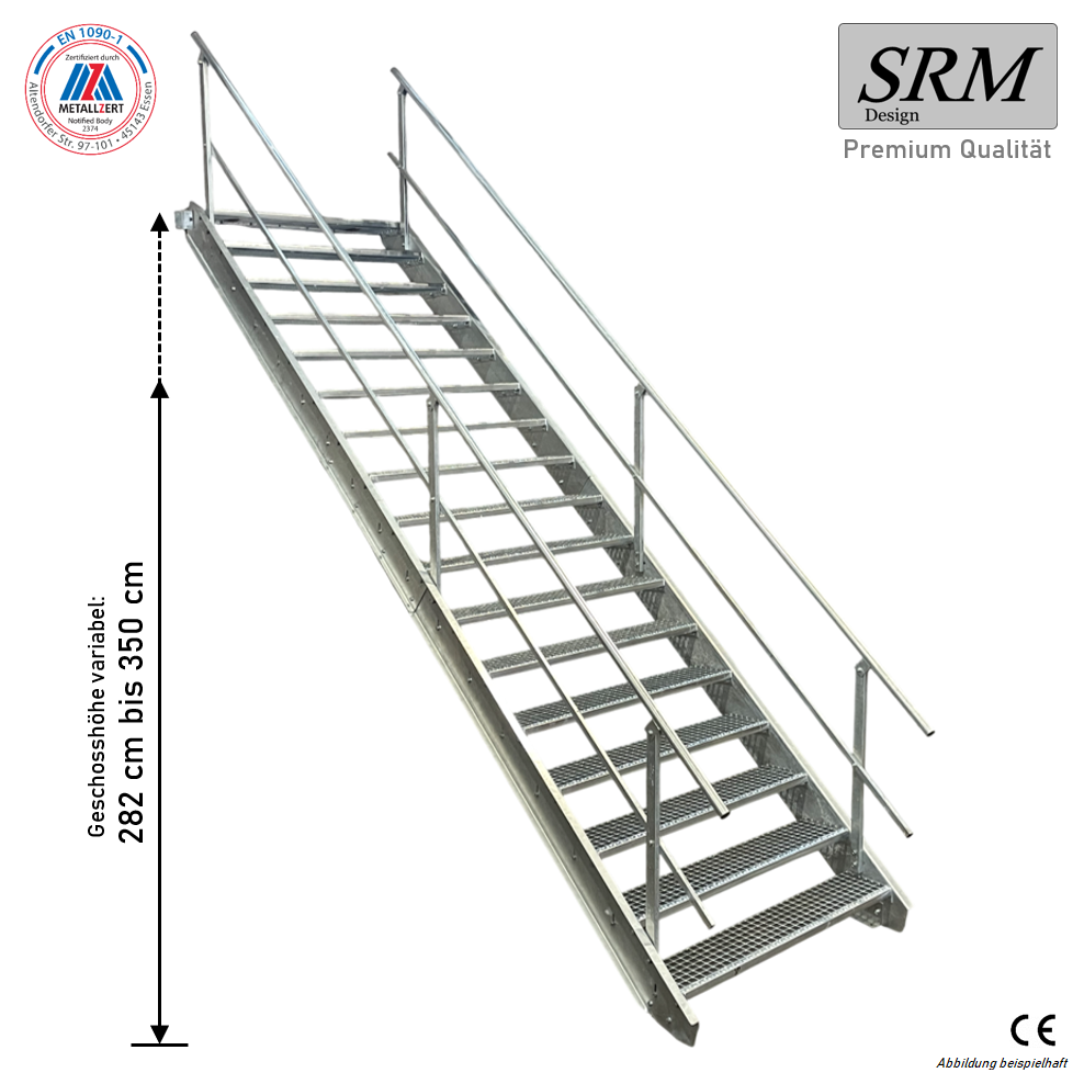 17 Stufen Stahltreppe Breite 60-160cm Geschosshöhe 282-350cm Geländer beidseitig