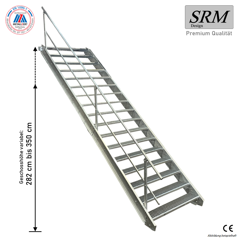 17 Stufen Stahltreppe Breite 60-160cm Geschosshöhe 282-350cm Geländer einseitig