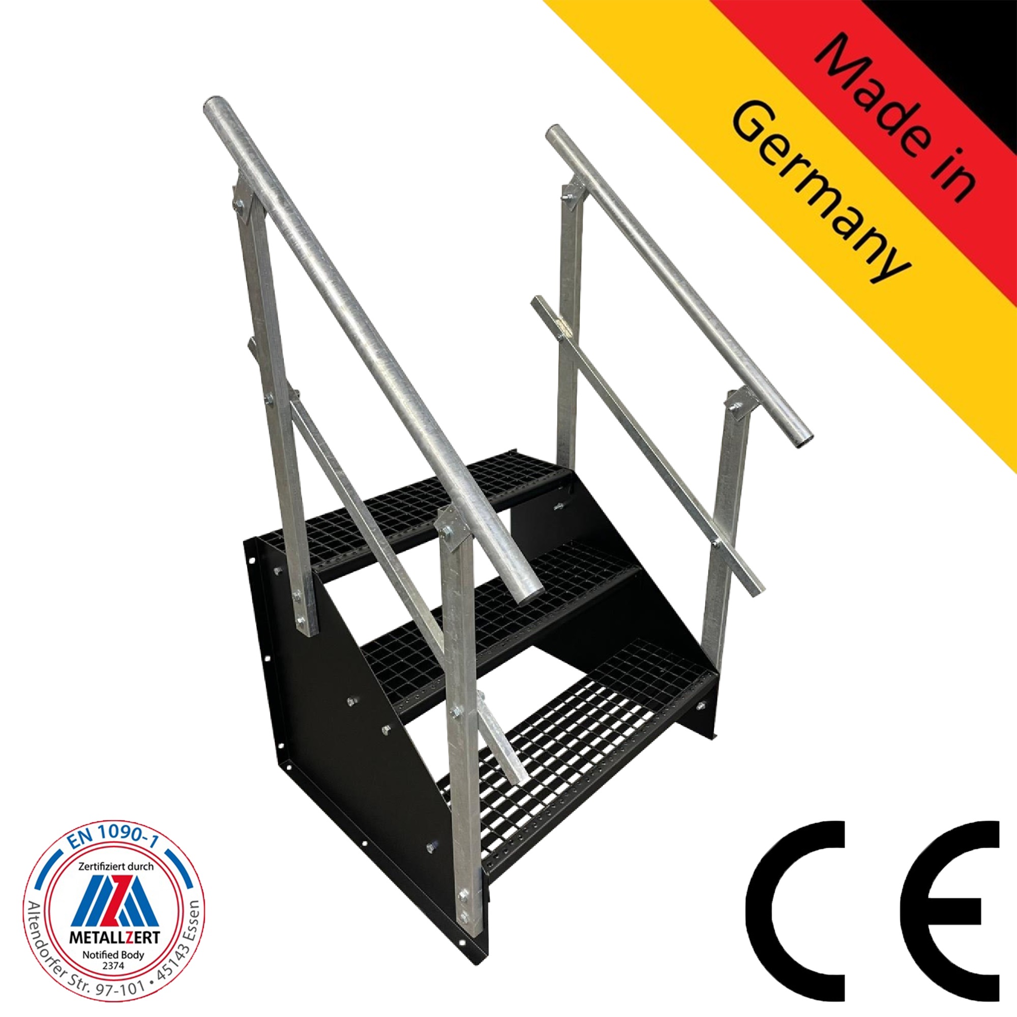 3 Stufen Standtreppe Breite 60 - 160 cm Höhe 63 cm komplett schwarz 2x Geländer 3 Stufen Standtreppe Breite 60 - 160 cm Höhe 63 cm komplett schwarz 2x Geländer