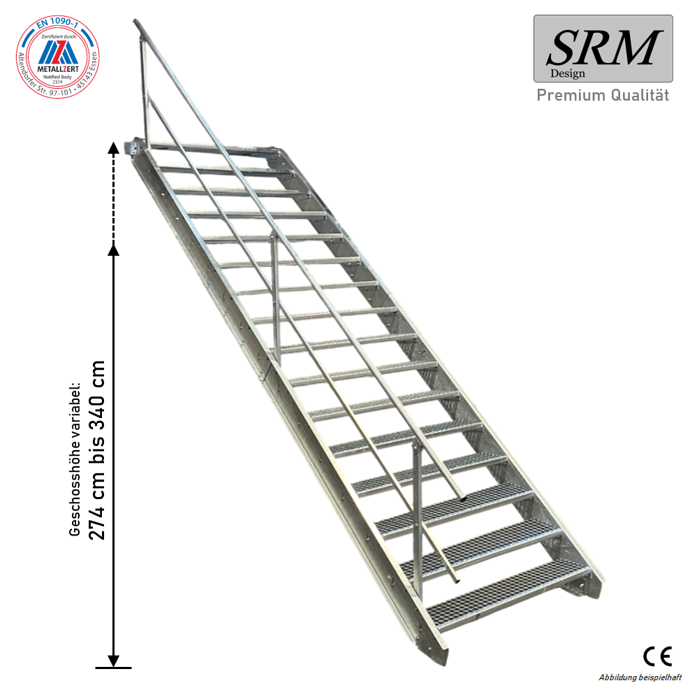 16 Stufen Stahltreppe Breite 60-160cm Geschosshöhe 274-340cm Geländer einseitig