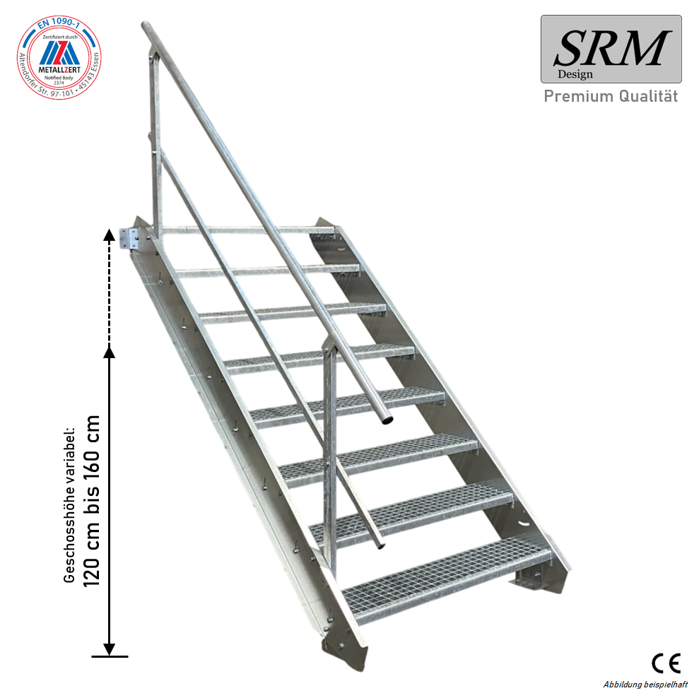 8 Stufen Stahltreppe Breite 60-160cm Geschosshöhe 120-160cm Geländer einseitig