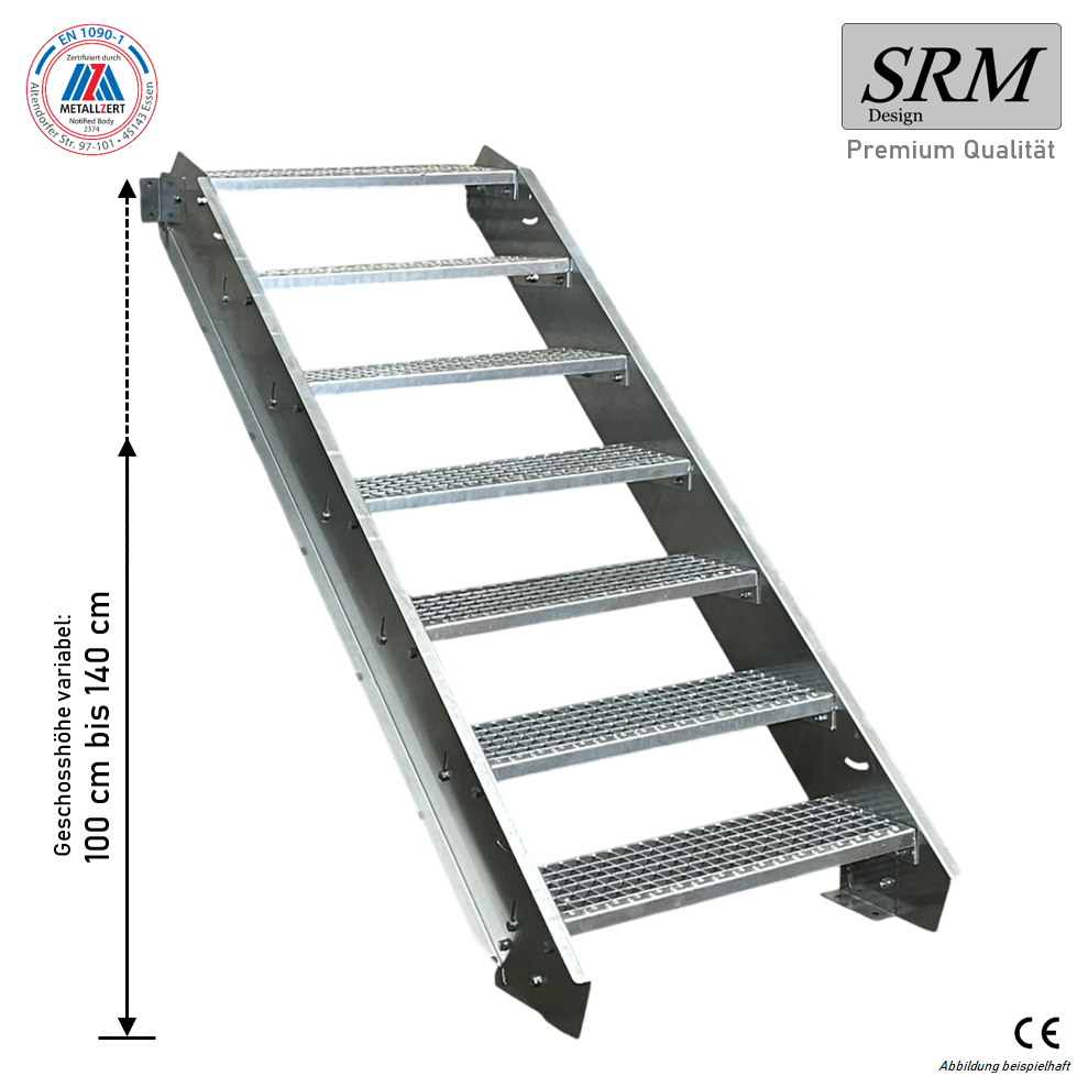 7 Stufen Stahltreppe 80 cm Breite 100 - 140 cm Geschosshö…