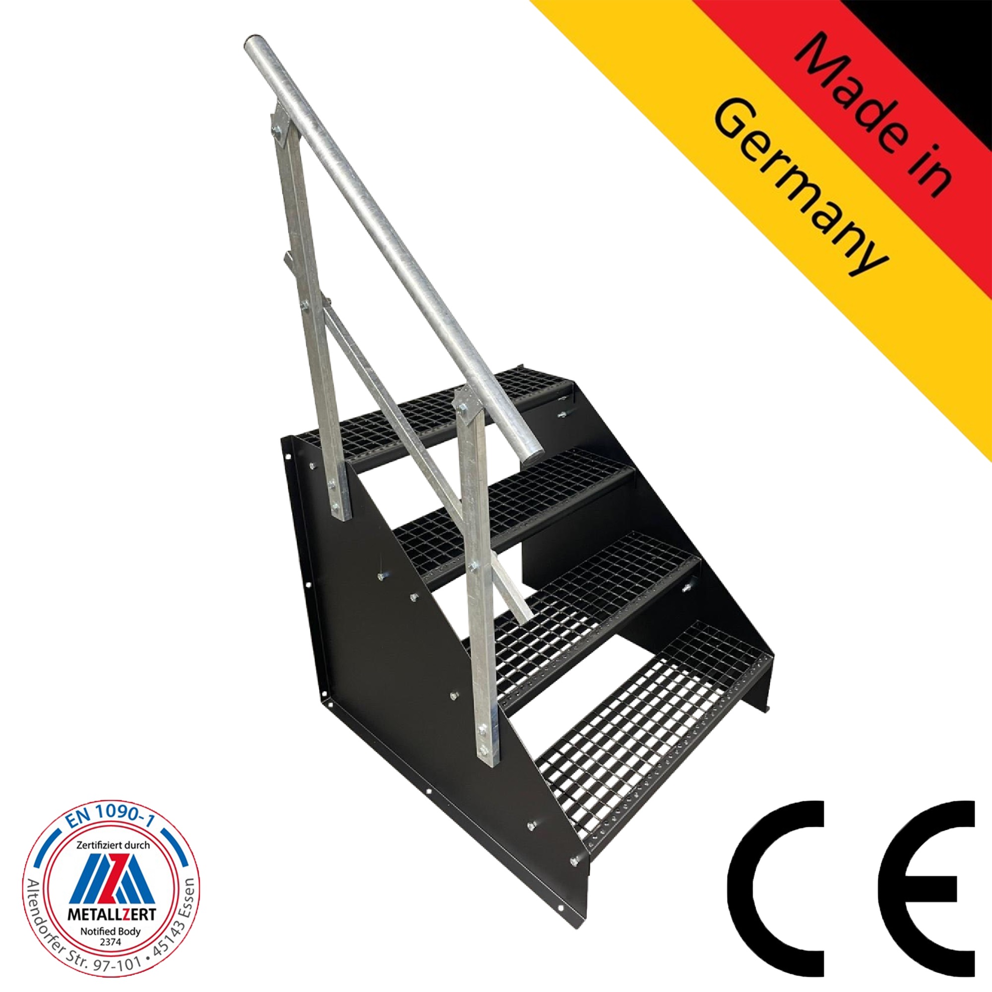 4 Stufen Standtreppe Breite 60 - 160 cm Höhe 84 cm komplett schwarz 1x Geländer 4 Stufen Standtreppe Breite 60 - 160 cm Höhe 84 cm komplett schwarz 1x Geländer