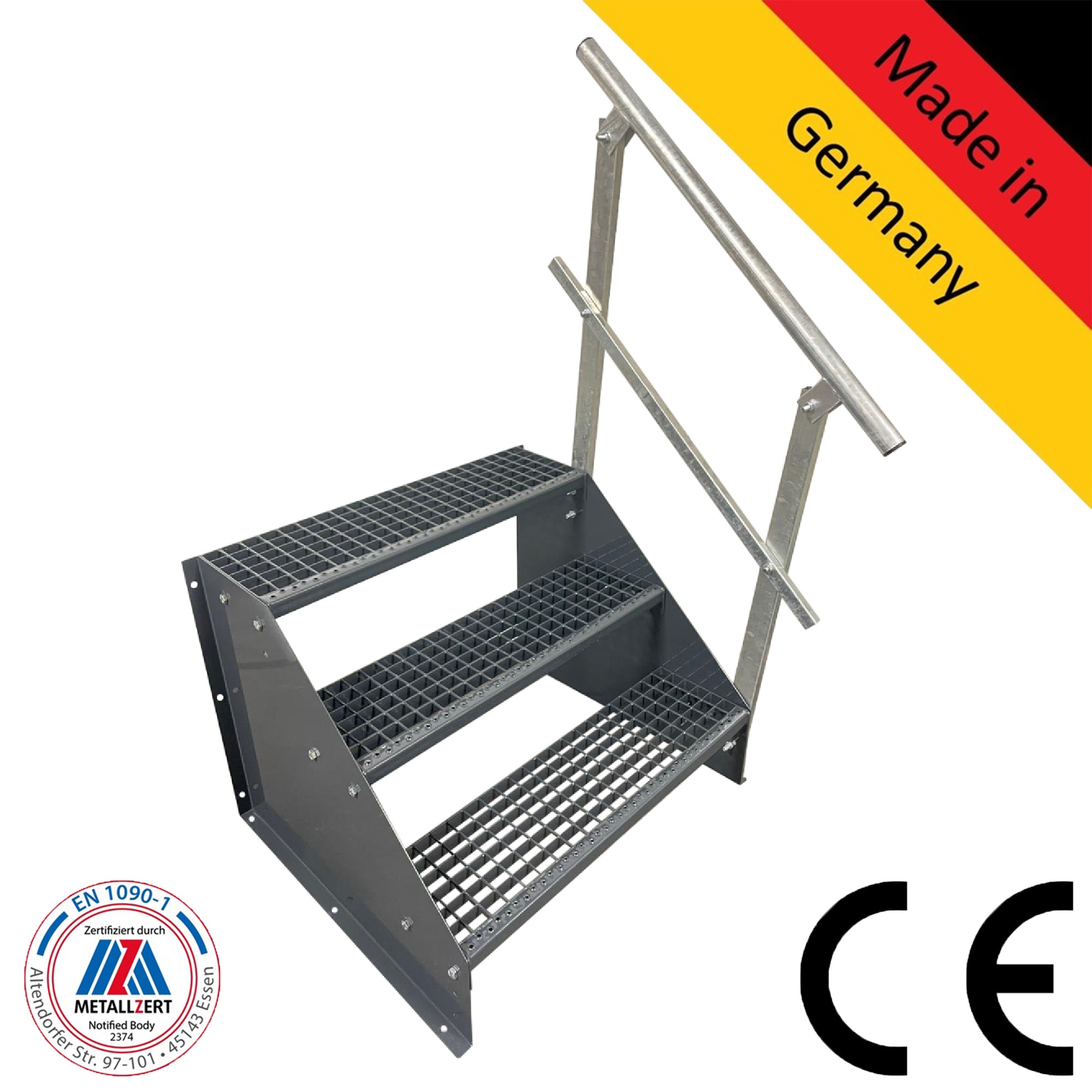 3 Stufen Standtreppe Breite 60 - 160cm Höhe 63cm komplett anthrazit 1x Geländer 3 Stufen Standtreppe Breite 60 - 160cm Höhe 63cm komplett anthrazit 1x Geländer